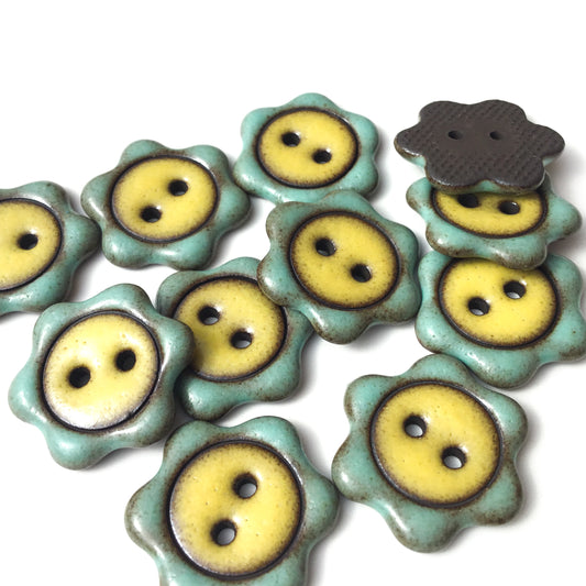 'Floral Darlings' Black Stoneware Button - Seafoam & Lemon Custard - 7/8"