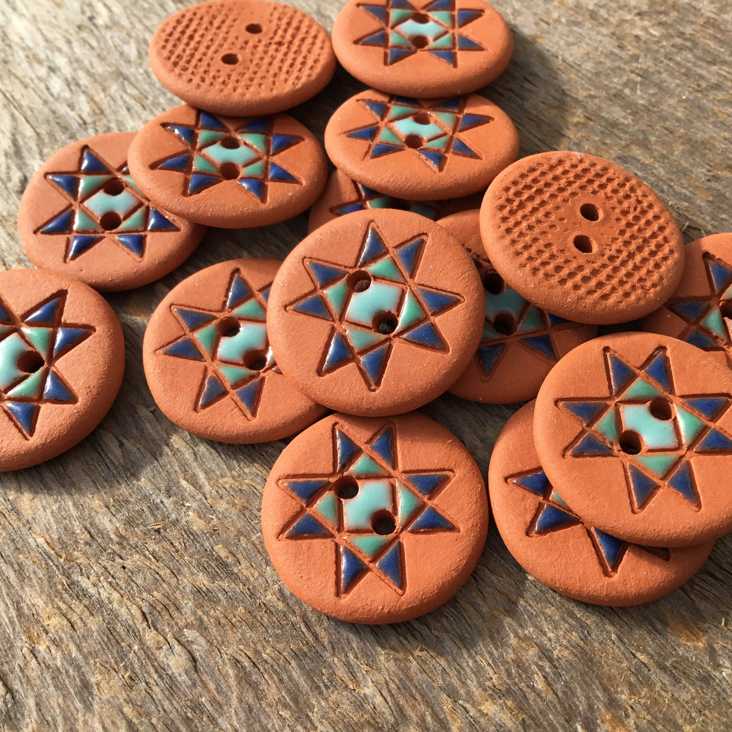 Ohio Star Quilt Block Earthenware Button ‘Ocean Blues’ 3/4”