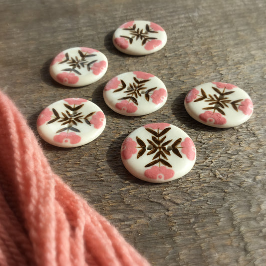 'Crossed Folk Flowers' Pink & Brown Porcelain Button 1”