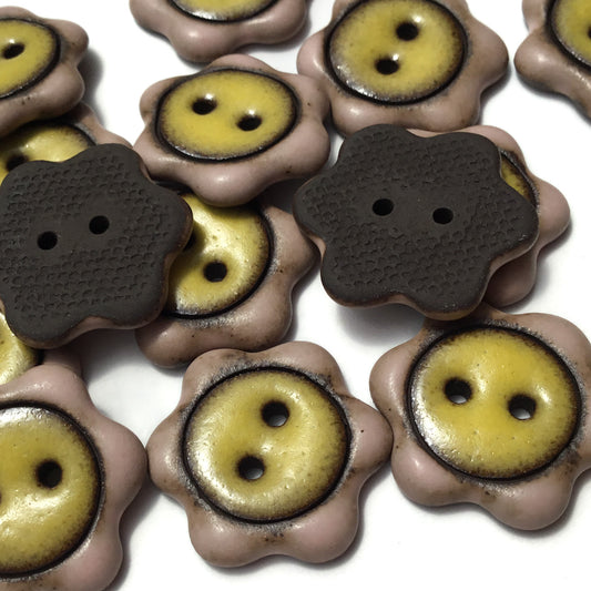 ‘Floral Darlings' Black Stoneware Button - Soft Pink & Yellow 7/8”