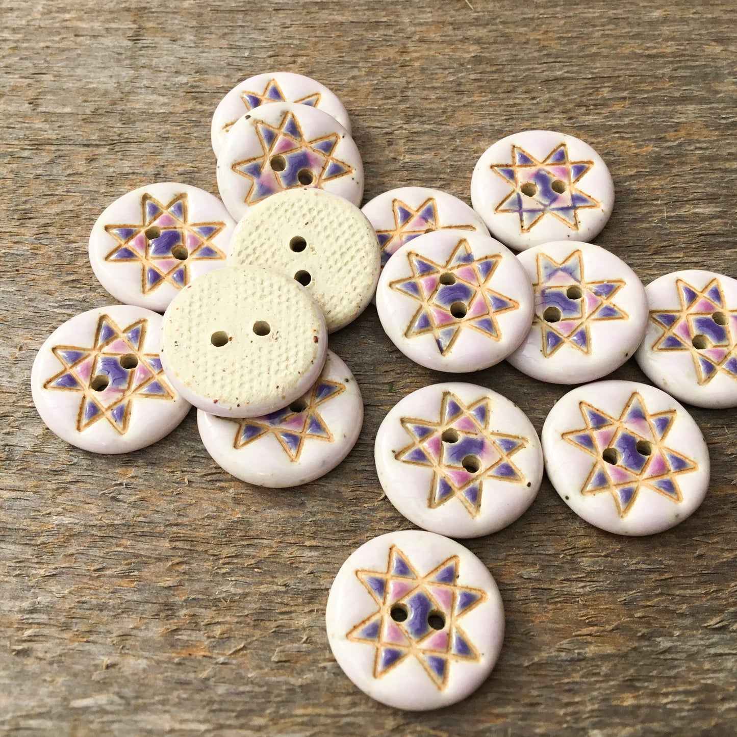 Ohio Star Quilt Block Stoneware Button ‘Purple Party’ 3/4”