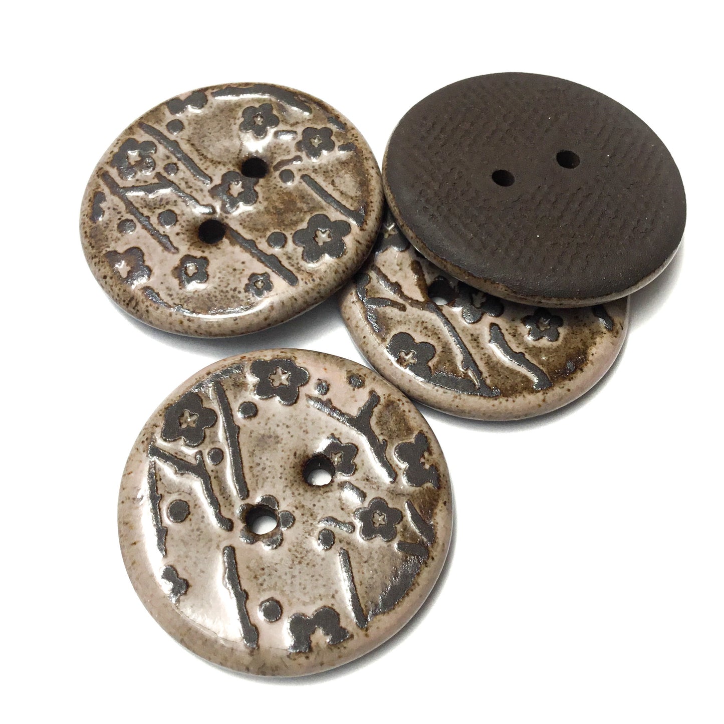 Pink 'Plum Blossom' Black Clay Stoneware Button 1-1/16"
