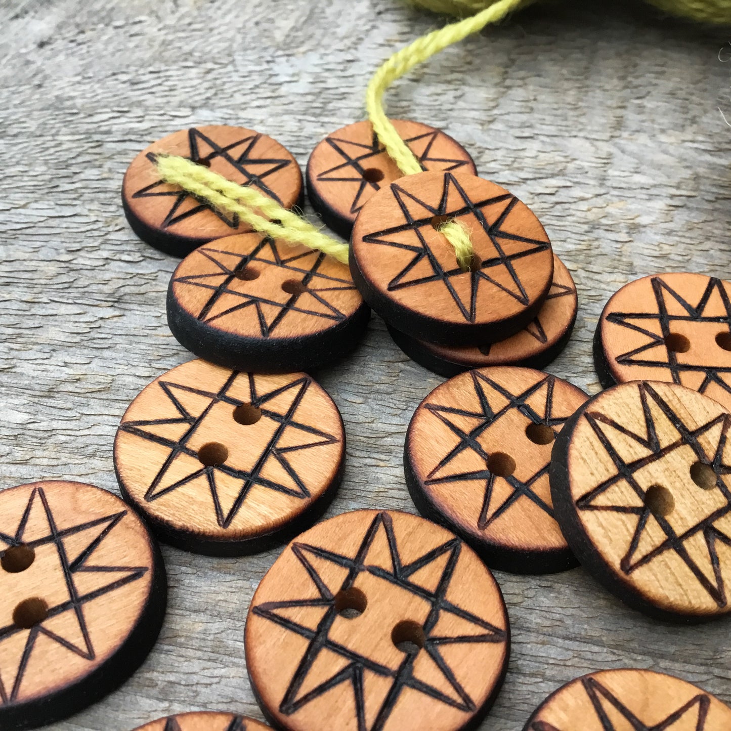 Wood Burned Quilt Star Button on Cherry Wood 1"