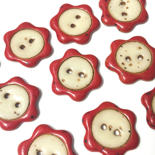 'Floral Darlings' Stoneware Button - Cream & Crimson Red 7/8"