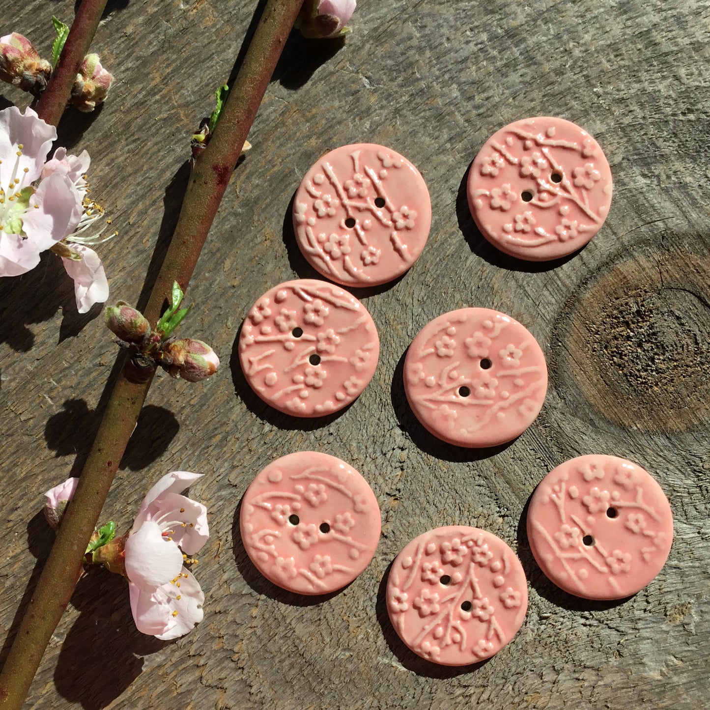 Pink Gloss Plum Blossom Porcelain Button 1" 7-pack