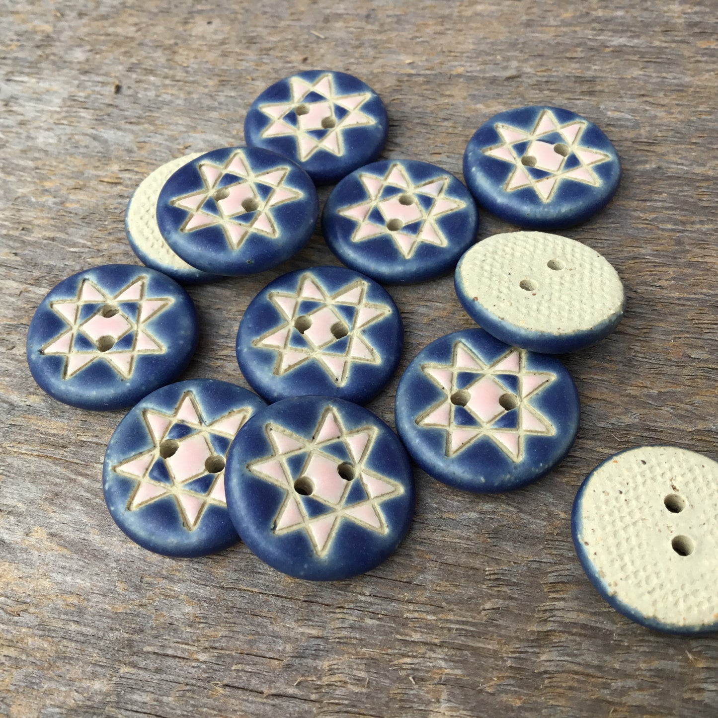 Ohio Star Quilt Block Stoneware Button ‘Indigo Blossom’ 3/4”