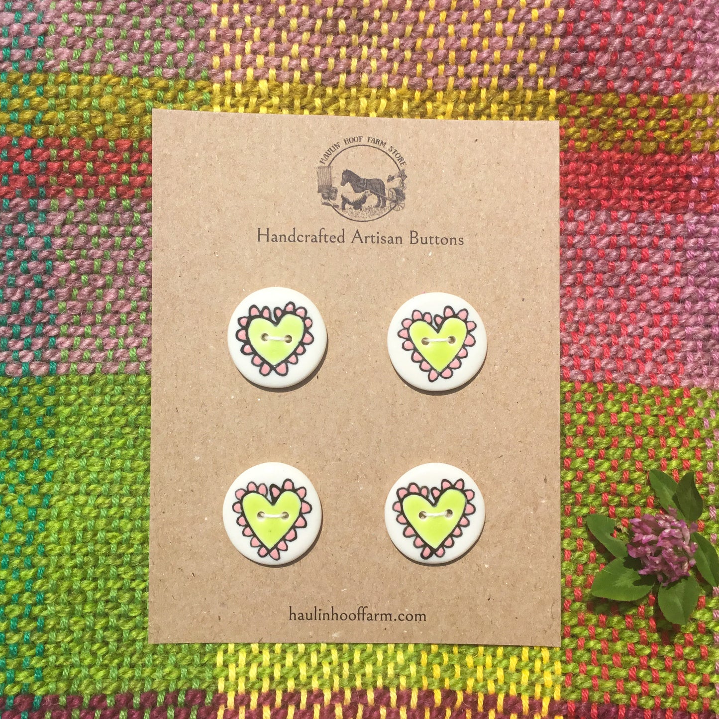 Scalloped Hearts Porcelain Button Set - Chartreuse & Pink - 1”