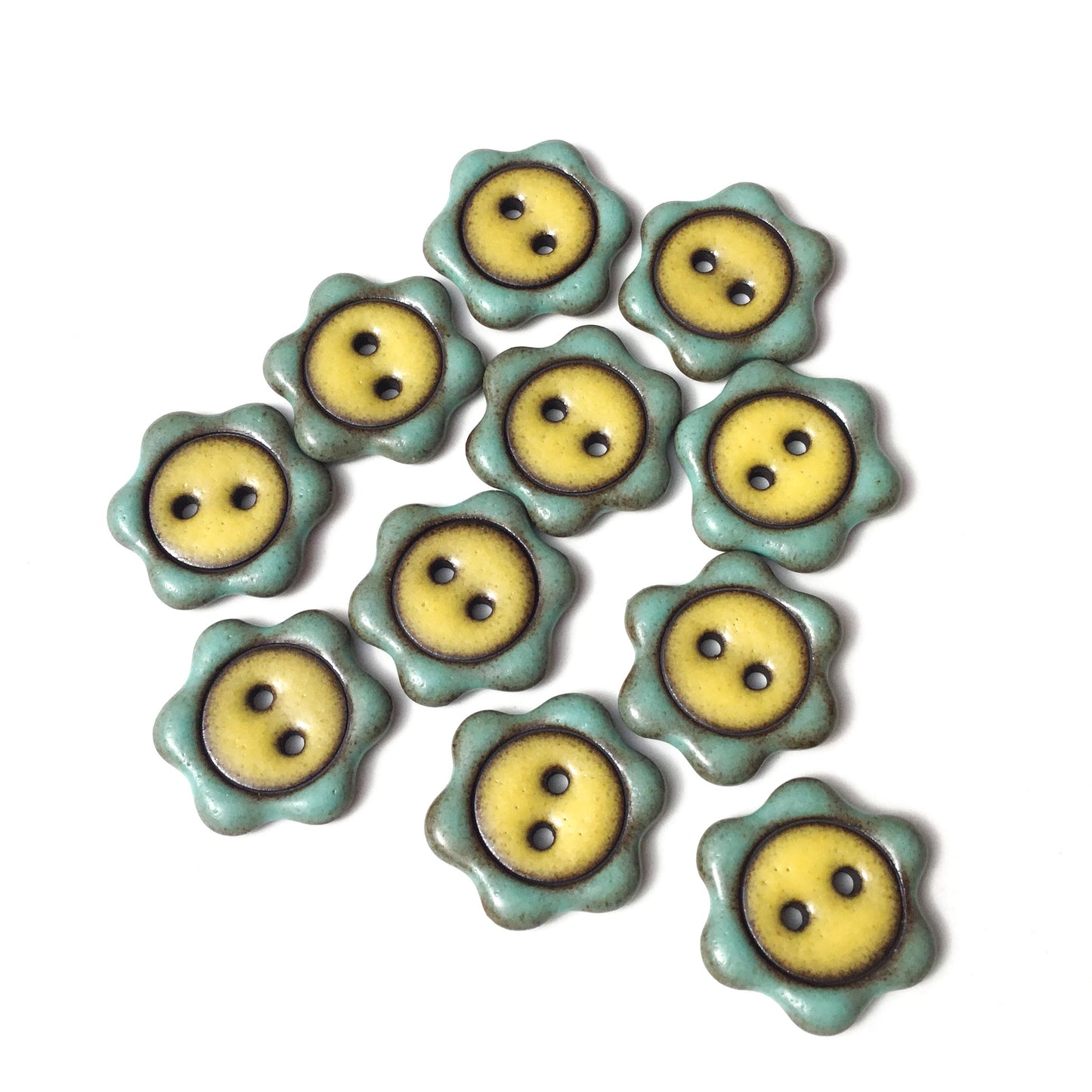 'Floral Darlings' Black Stoneware Button - Seafoam & Lemon Custard - 7/8"