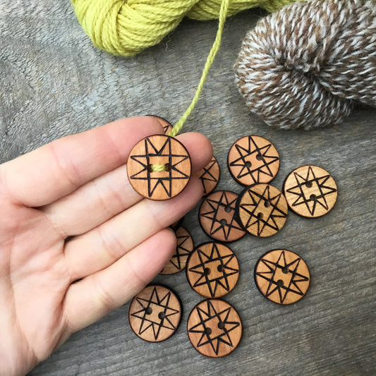 Wood Burned Quilt Star Button on Cherry Wood 1"