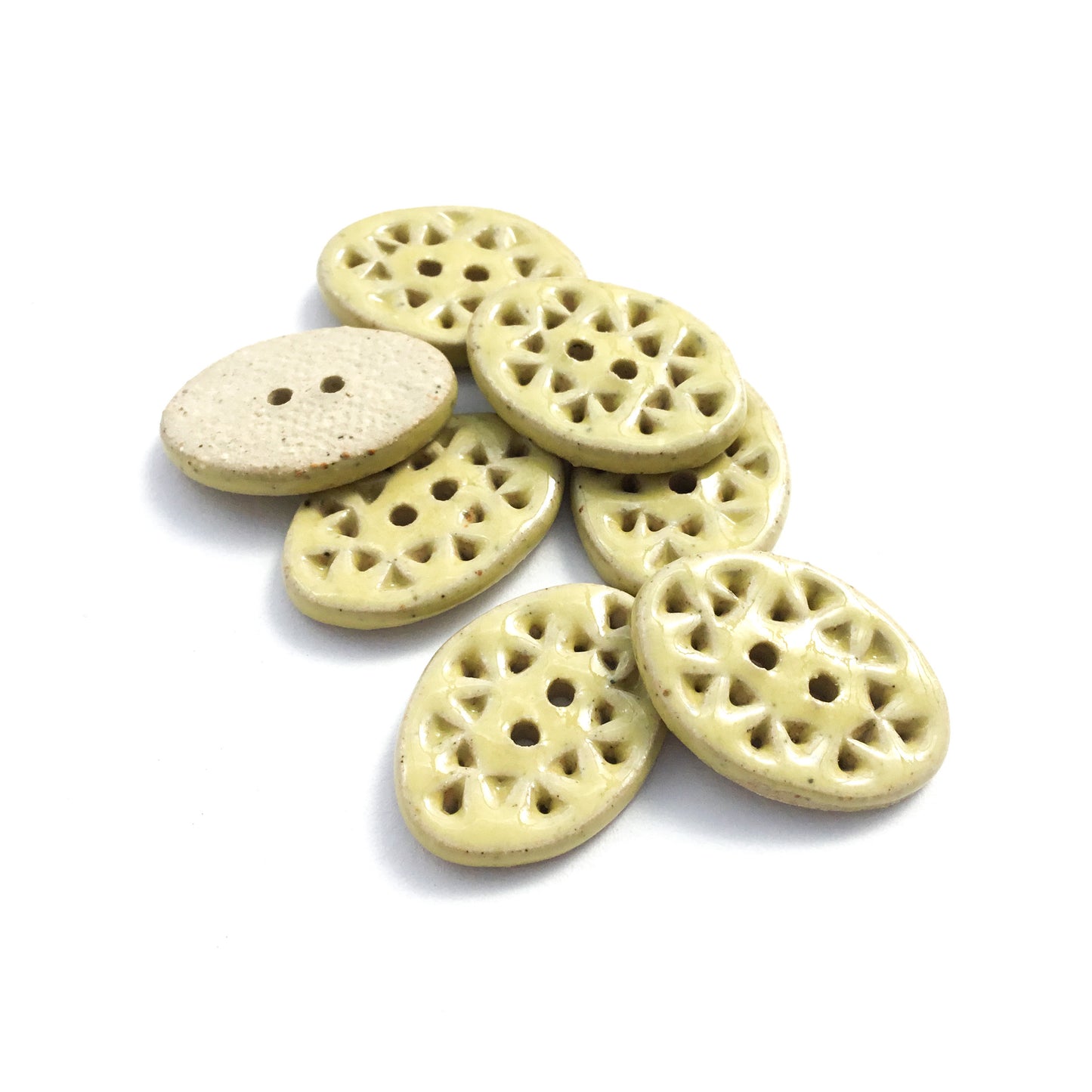 Hand Stamped Light Yellow Stoneware Buttons 5/8" x 7/8" - 7 Pack