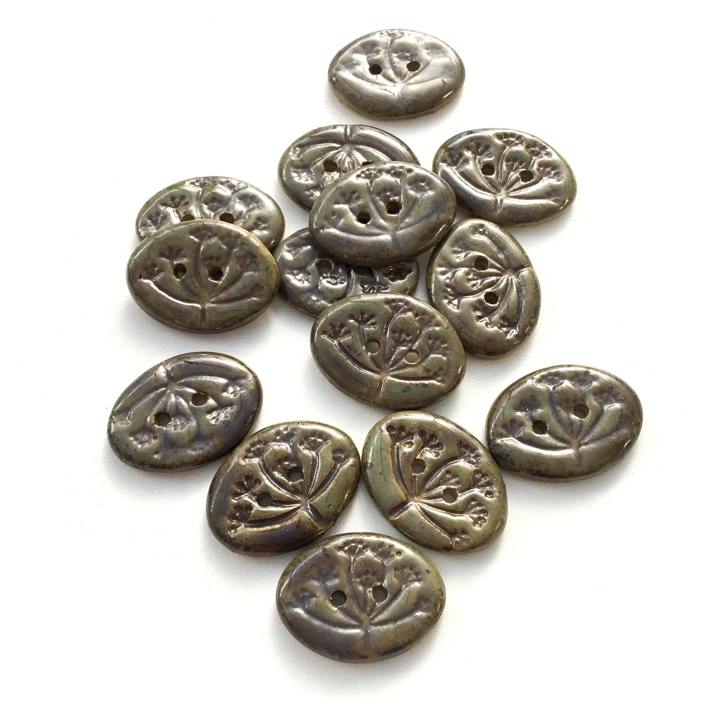 Iridescent Moss Green 'Umbel' Stoneware Button 5/8" x 7/8"