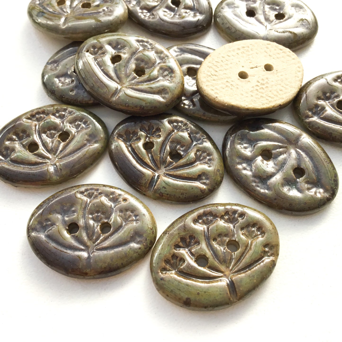 Iridescent Moss Green 'Umbel' Stoneware Button 5/8" x 7/8"