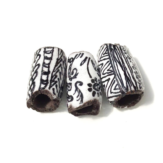 Black Clay Beads with Handpainted Detail - Black and White Beads - Set of 3