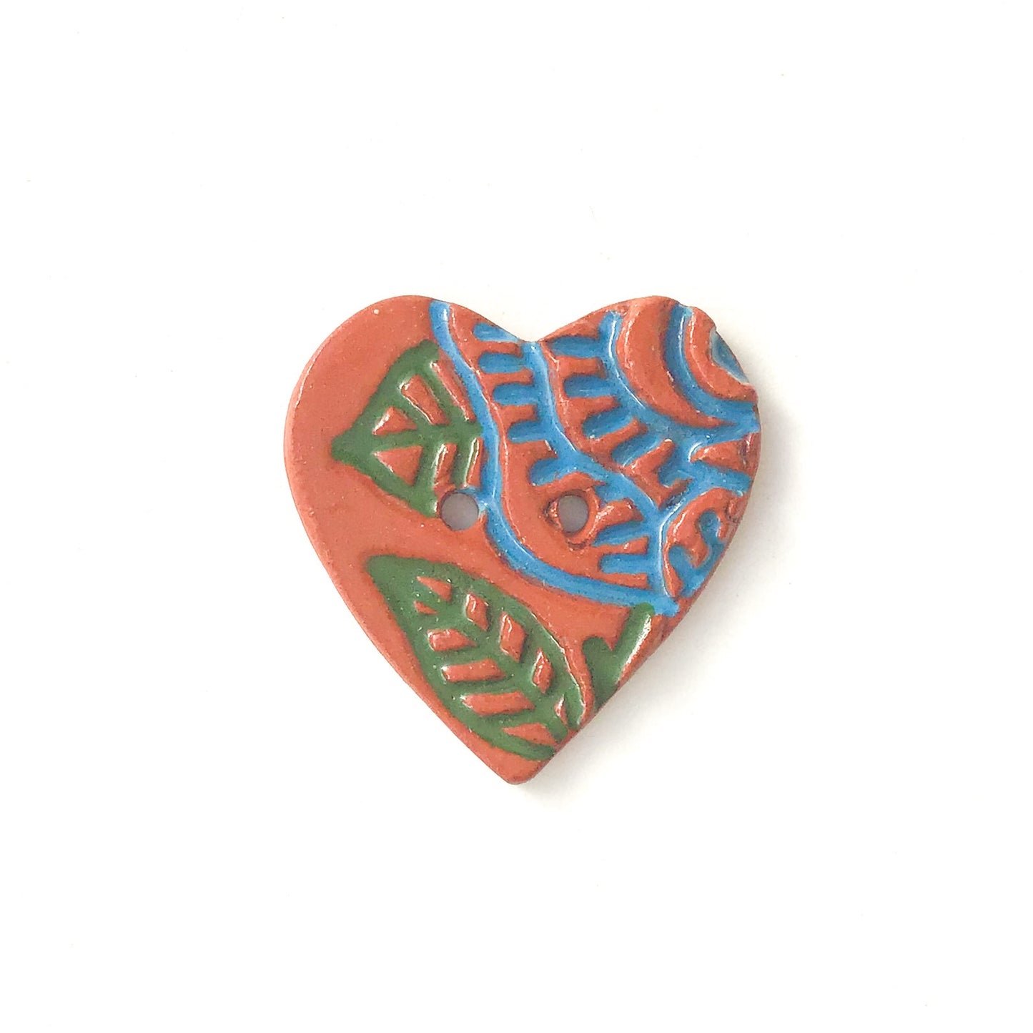 Large Stamped Heart Buttons - Painted Flowers Ceramic Heart Button - 1 3/8"