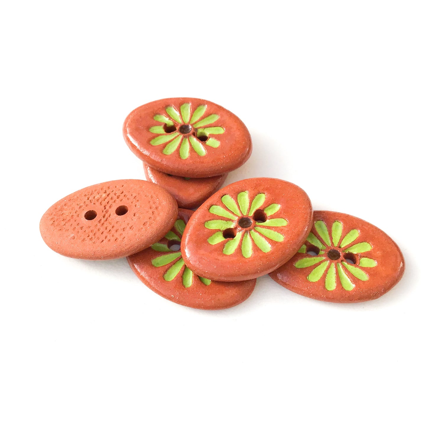 Green Daisy Button on Red Clay 5/8" x 7/8"