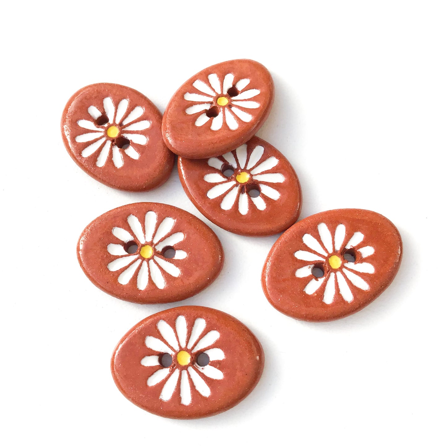 White Daisy Button on Red Clay 5/8" x 7/8"