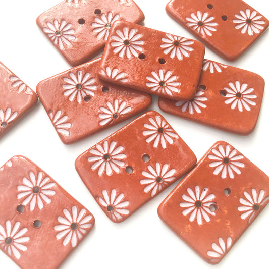 Hand Stamped Daisy Button on Red Clay - Light Pink Flower Buttons - 1 1/16" x 1 7/16"