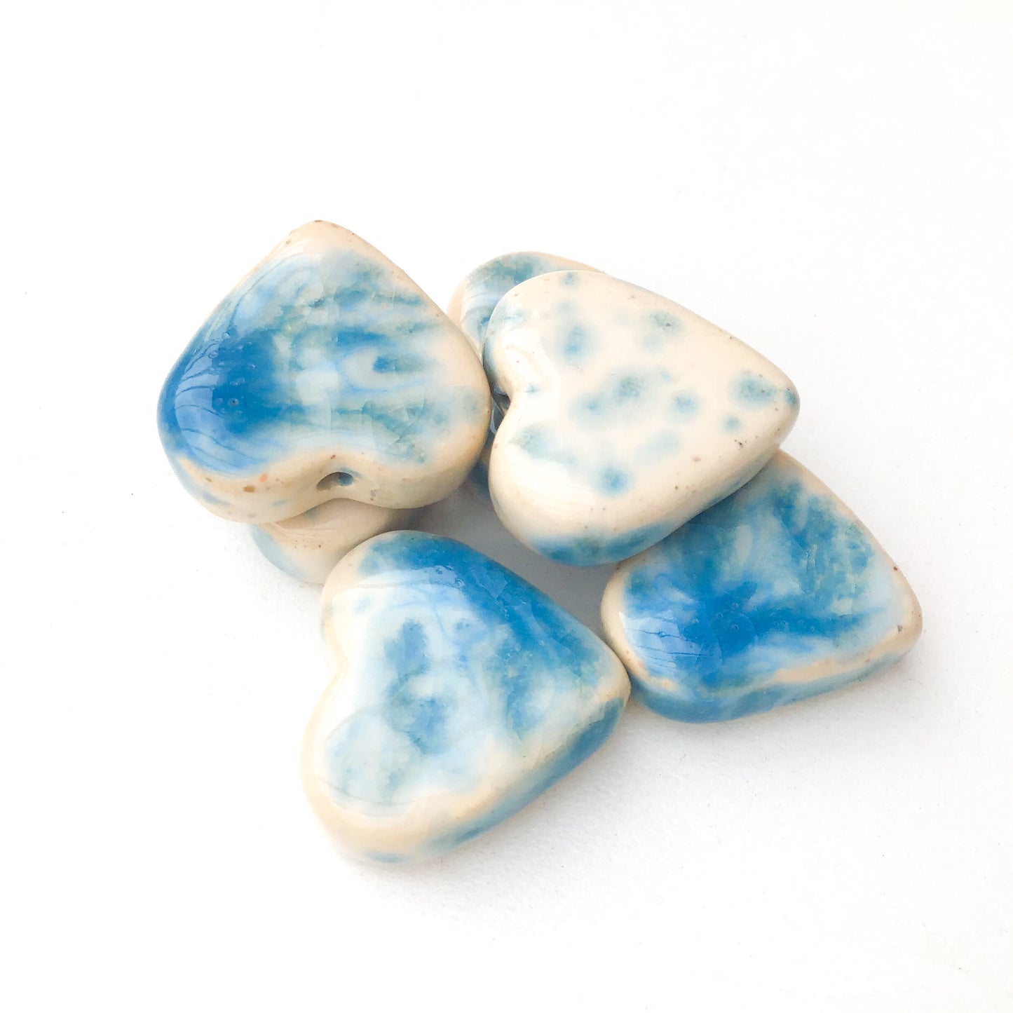 Speckled Blue & White Ceramic Heart Beads - Handmade Clay Beads