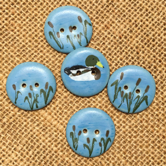 'Mallard & Cattails' Stoneware Buttons 1-1/16" 5-pack