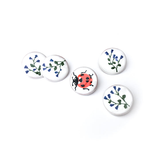 ‘Ladybug in the Bluebells’ Designer Shank Button Set - 3/4”  5-pack