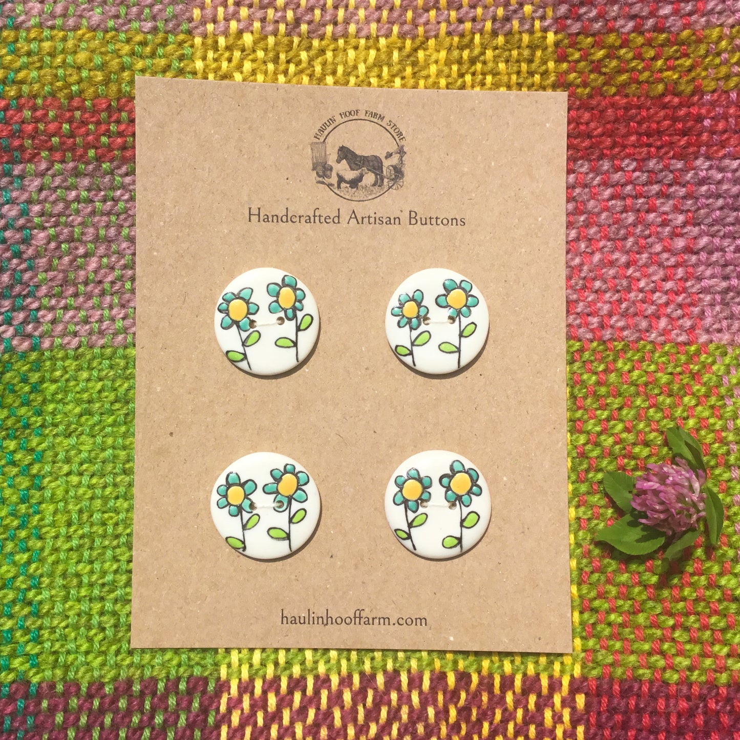 Flower Duo Porcelain Button Set - Teal & Gold - 1”
