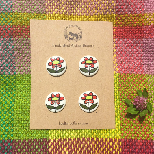 Welcome Flower Porcelain Button Set - Red & Chartreuse - 1”