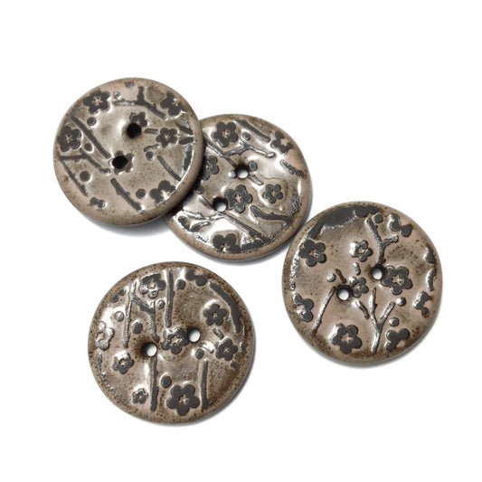 Pink 'Plum Blossom' Black Clay Stoneware Button  1-1/16"