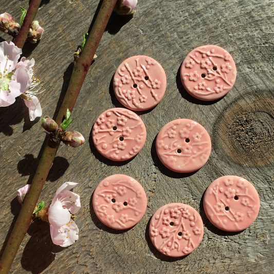 Pink Gloss Plum Blossom Porcelain Button  1"  7-pack