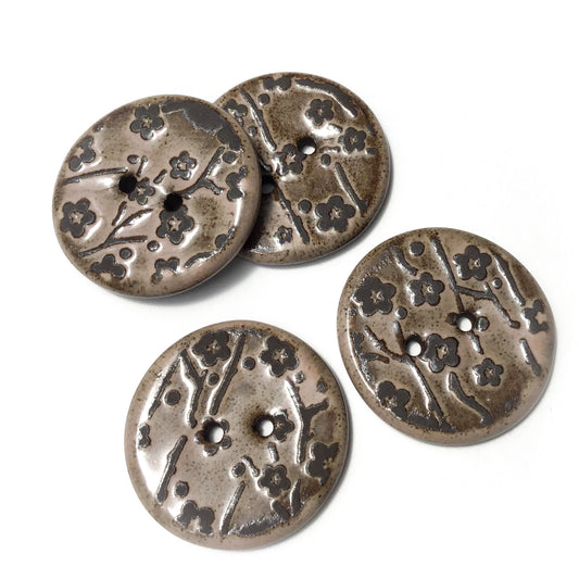 Pink 'Plum Blossom' Black Clay Stoneware Button  1-1/16"