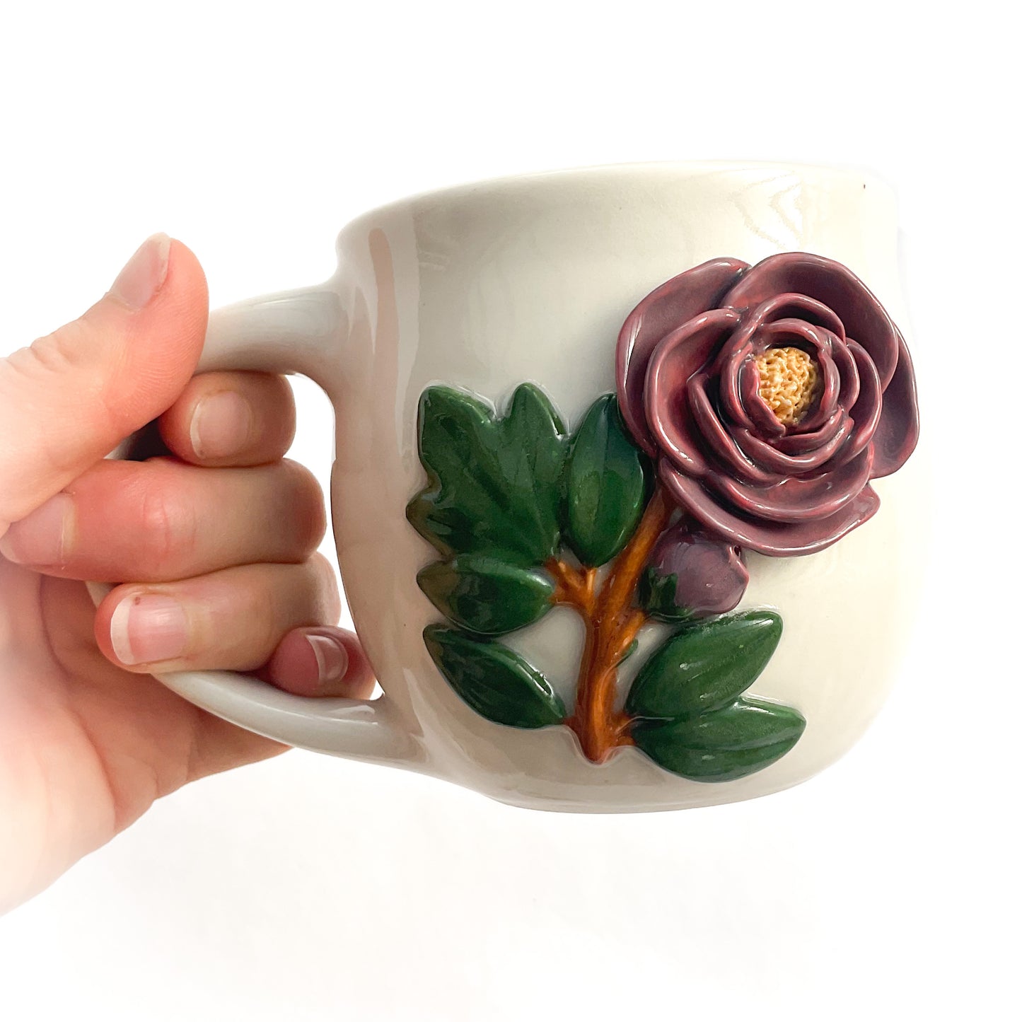 Peony Hand Sculpted Porcelain Mug   12 oz