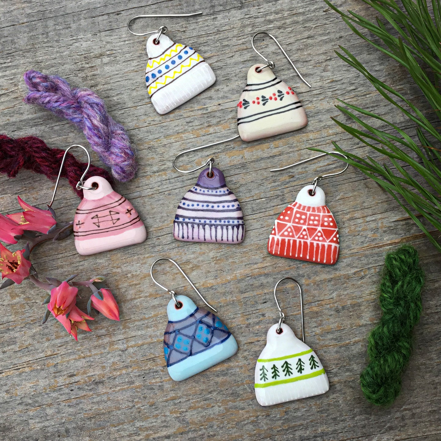 'Hand Knit Hats' Ceramic Earrings