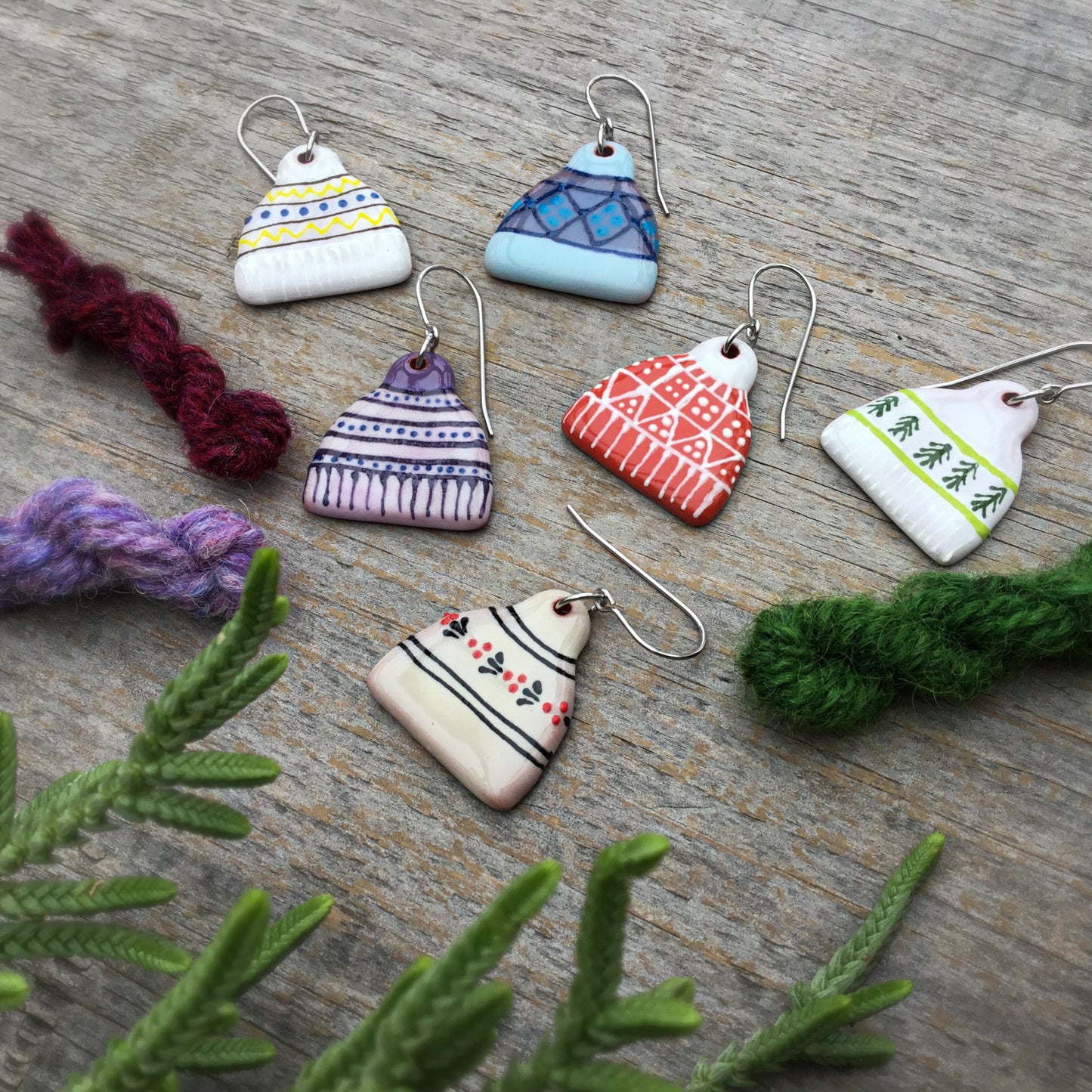 'Hand Knit Hats' Ceramic Earrings