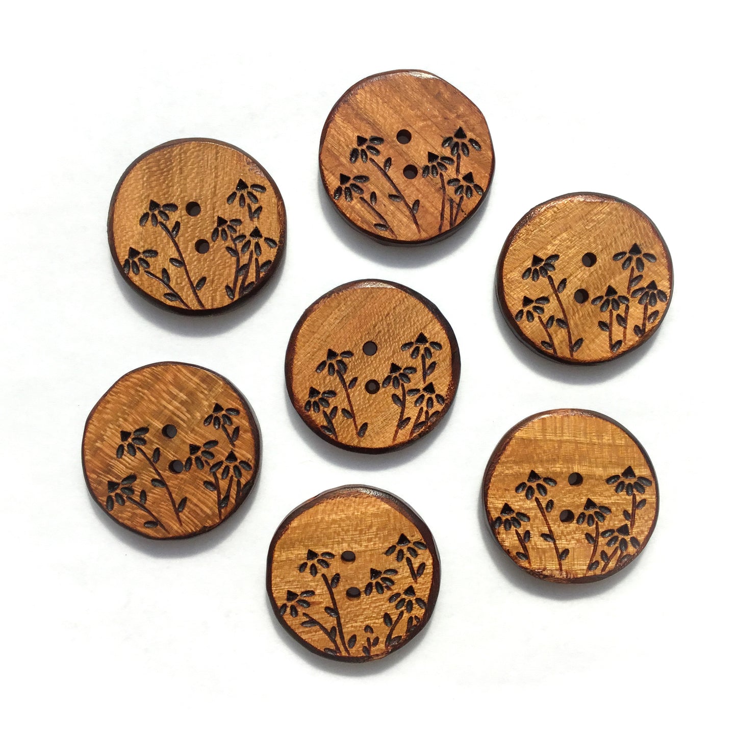 Wood Burned Coneflower Button in Cherry  1-1/2”