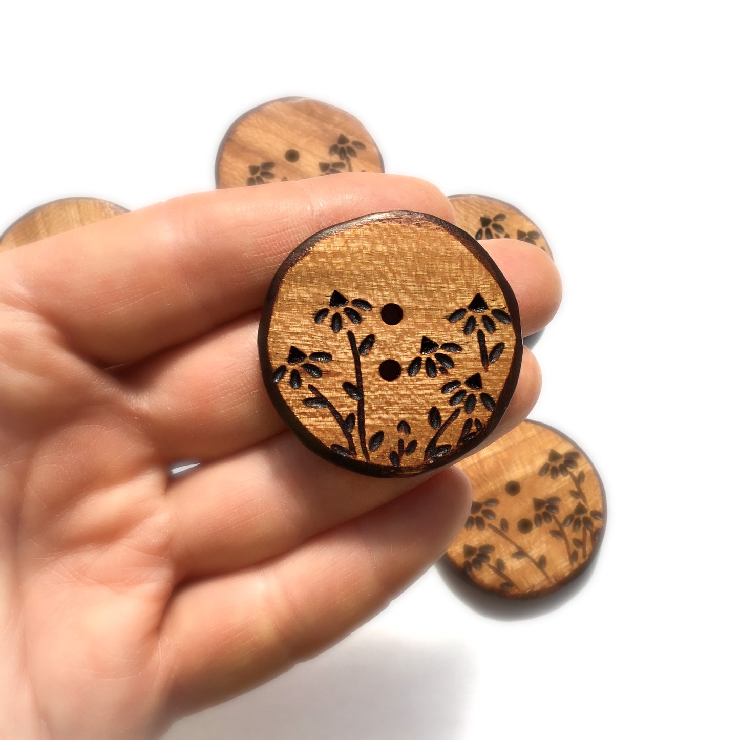 Wood Burned Coneflower Button in Cherry  1-1/2”