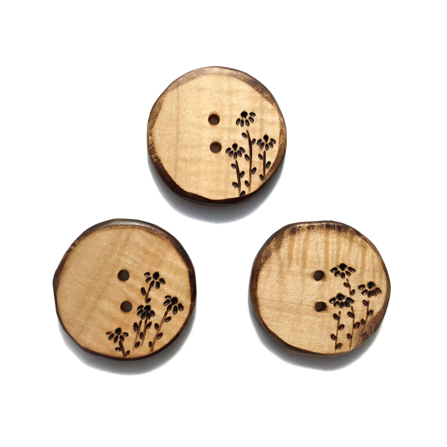 Wood Burned Coneflower Button in Maple  1-1/2”