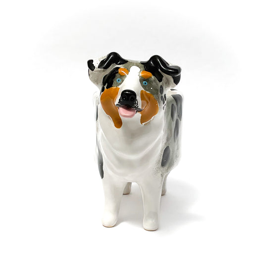 Merle Australian Shepard Dog Planter - Ceramic Dog Plant Pot