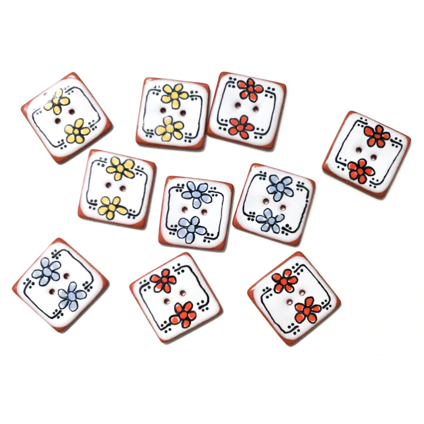 "Playful Flowers" Ceramic Buttons - 1-1/16" Square