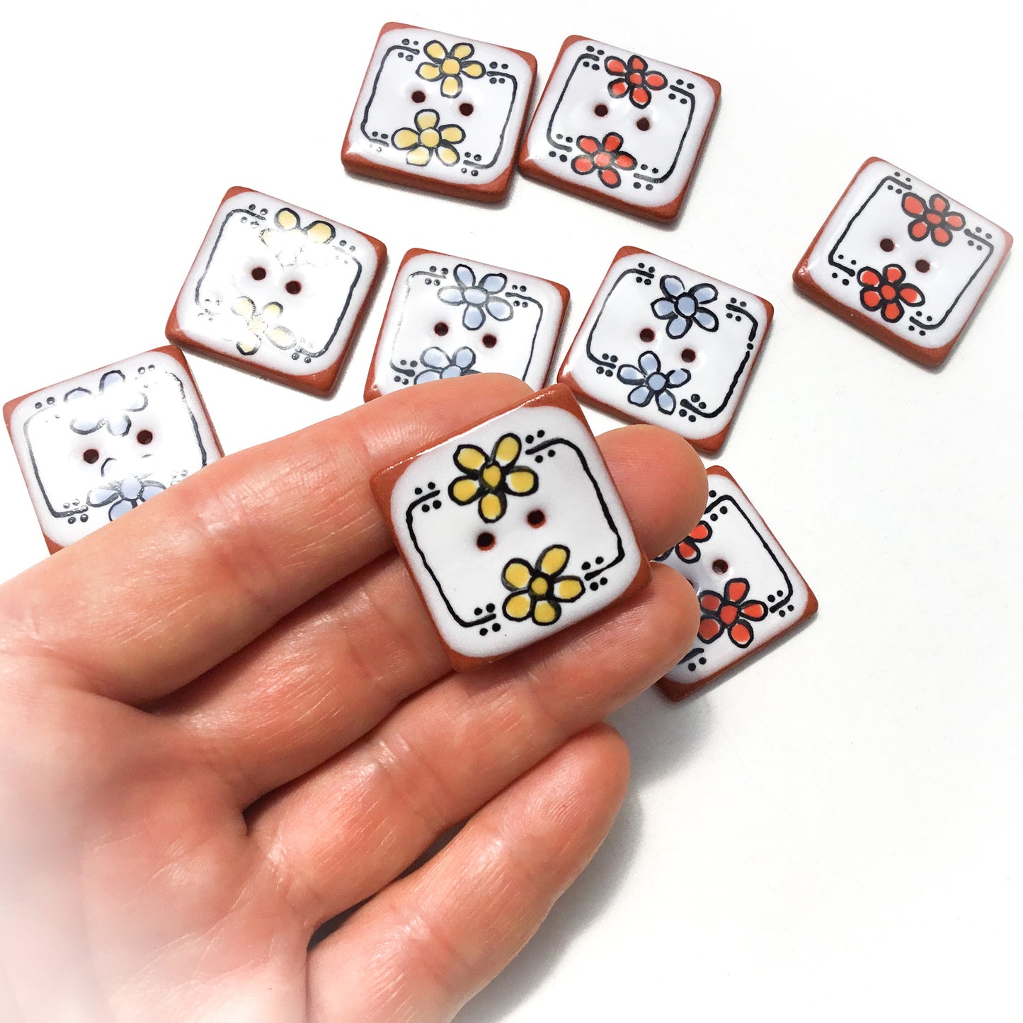 "Playful Flowers" Ceramic Buttons - 1-1/16" Square