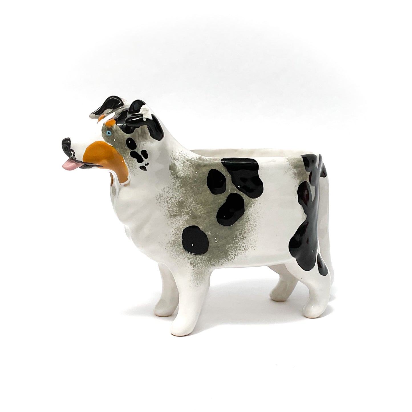 Merle Australian Shepard Dog Planter - Ceramic Dog Plant Pot