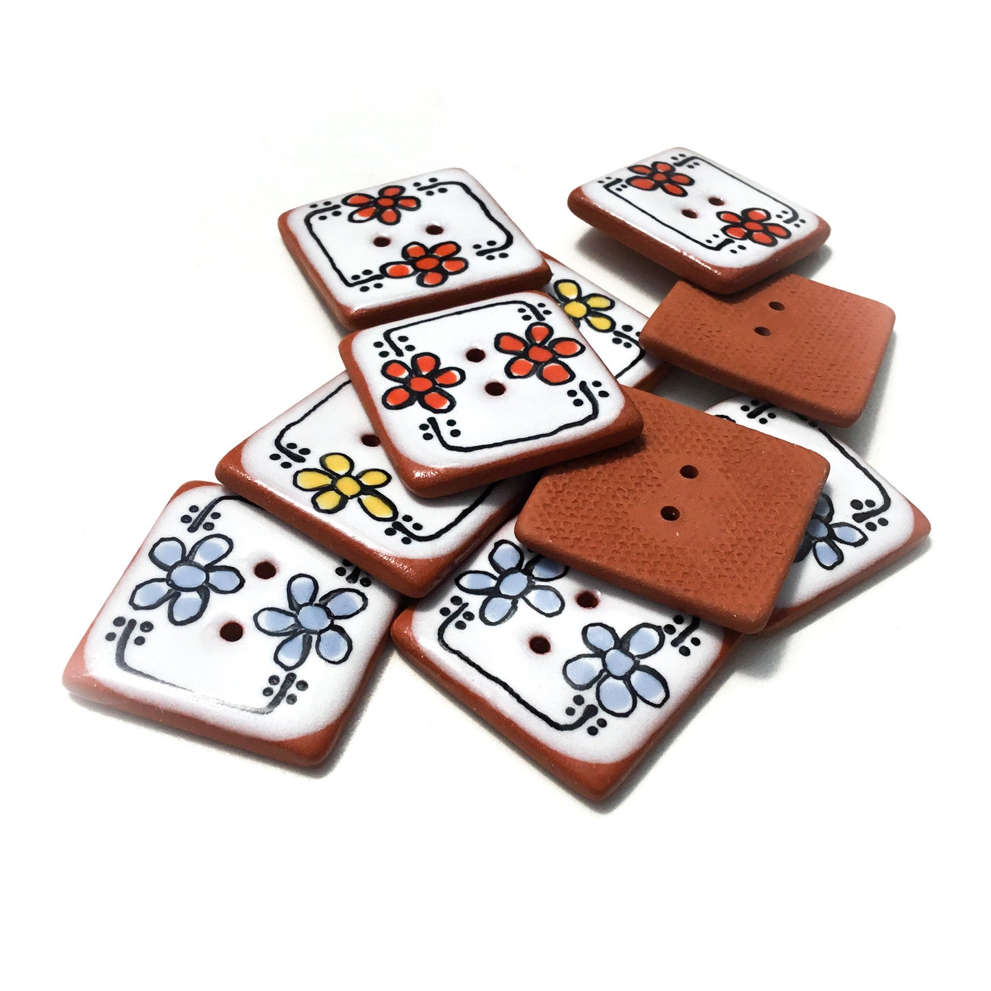 "Playful Flowers" Ceramic Buttons - 1-1/16" Square