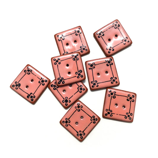 Coral & Black Vintage Print Ceramic Buttons - 1-1/16" Square