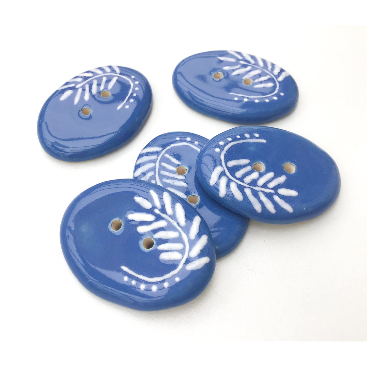 Cerulean Blue Ceramic Buttons with White Design - Large Oval Button - 1" x 1 3/8"