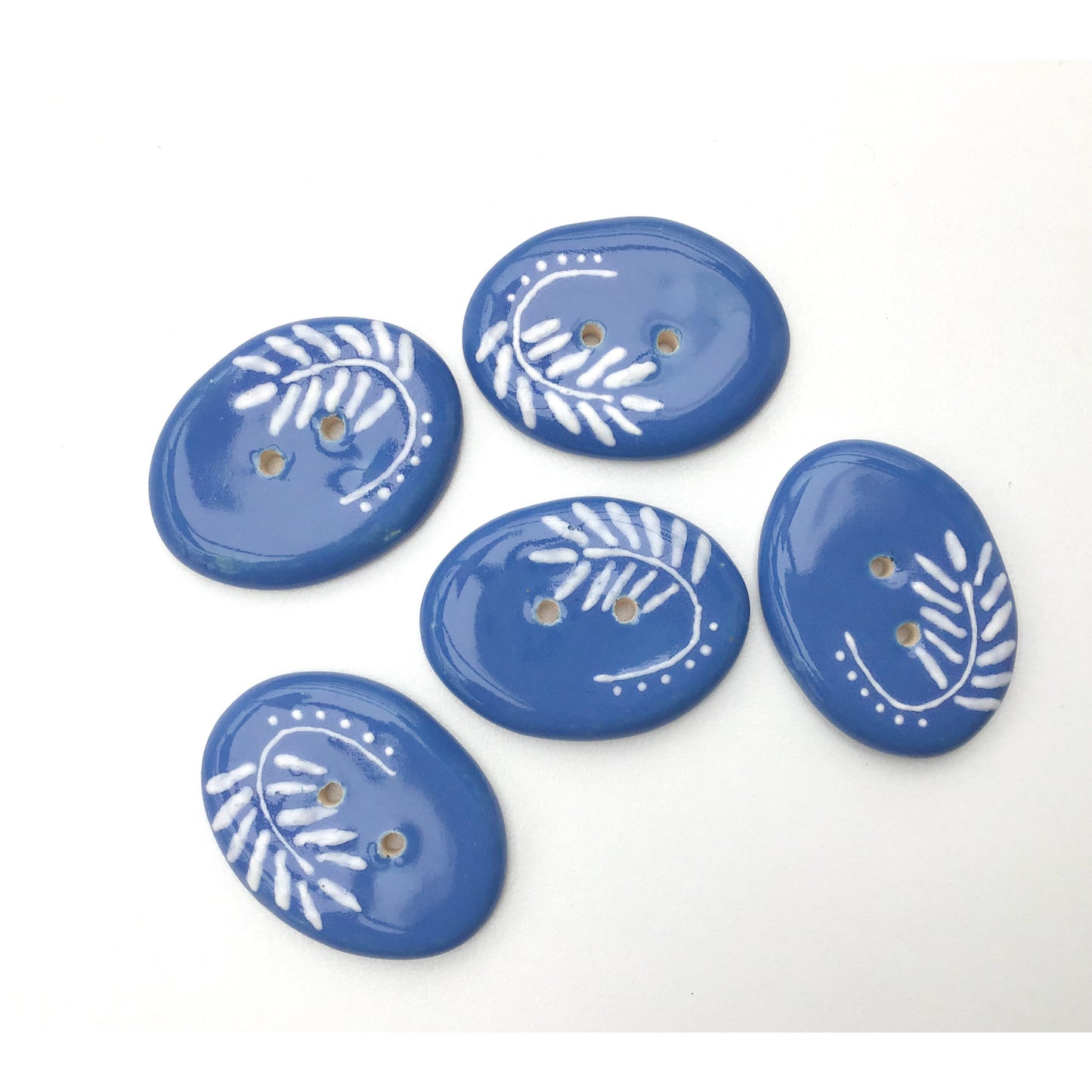 Cerulean Blue Ceramic Buttons with White Design - Large Oval Button - 1" x 1 3/8"