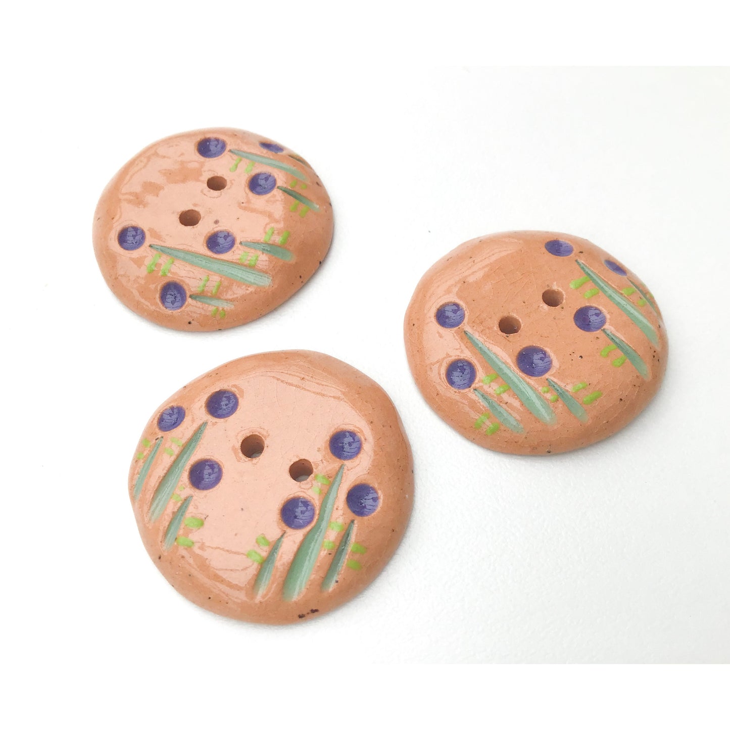 Purple and Green Ceramic Flower Button - Clay Flower Button - 1 1/16"