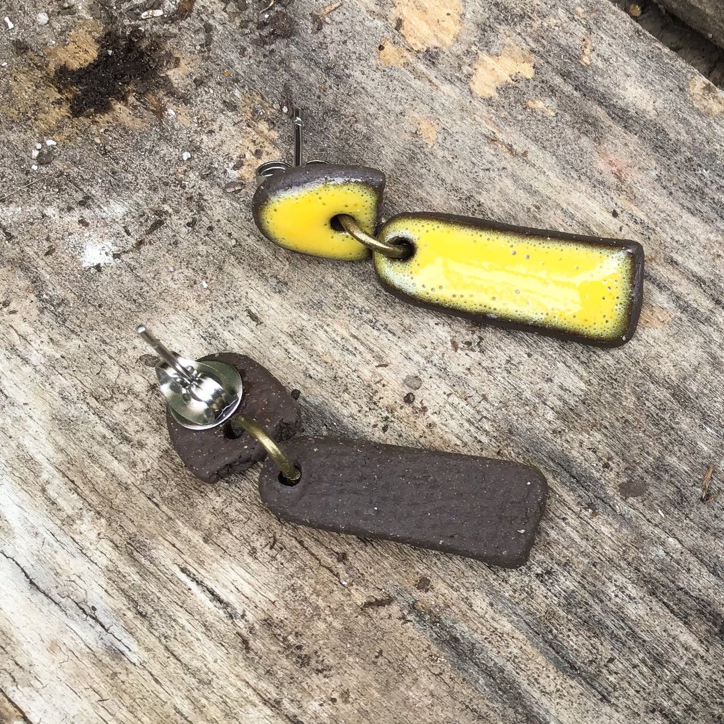 Black Clay + Yellow Ceramic Earrings - Rustic Ceramic Dangle Earrings