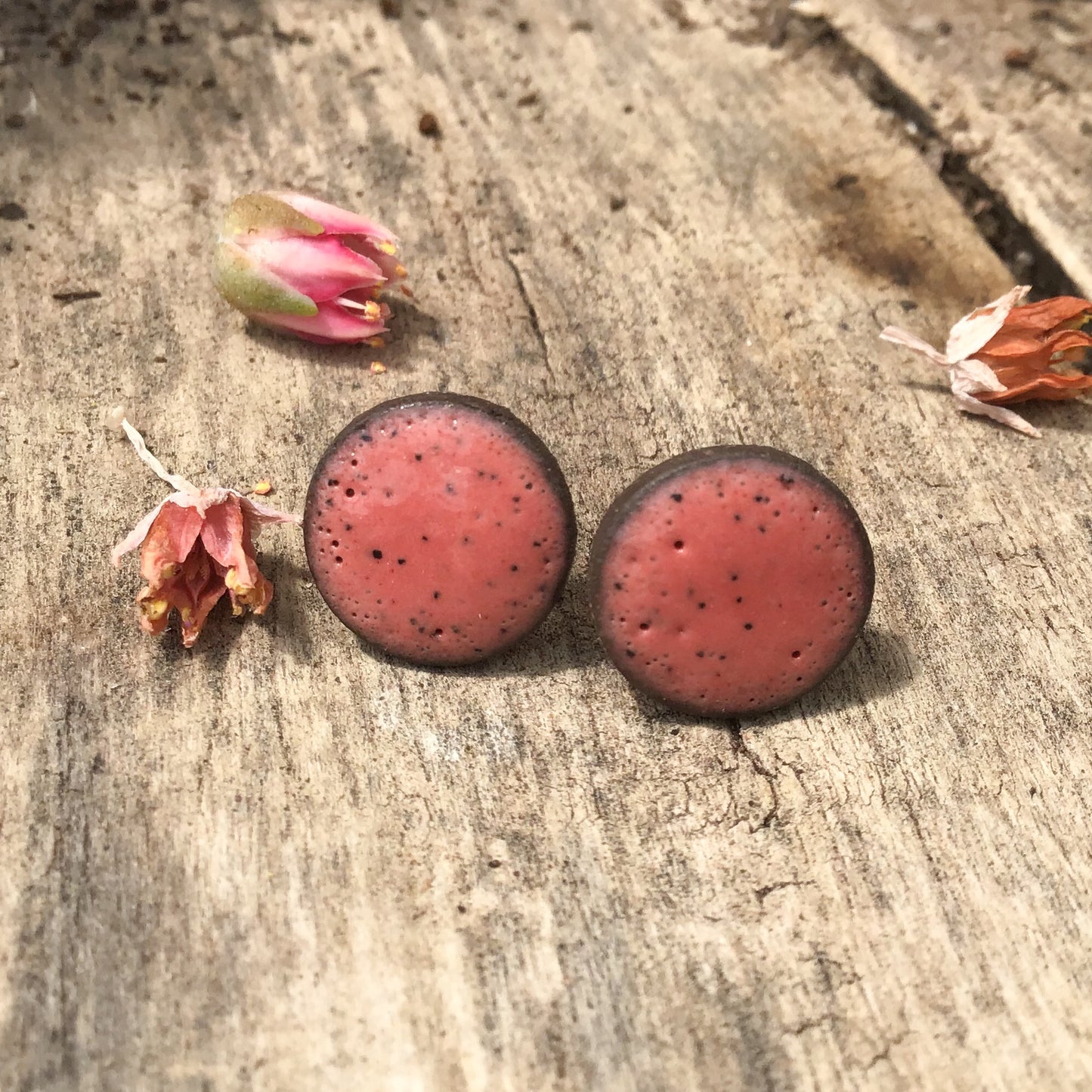 Black Clay Color Splash Ceramic Earrings - Rosy Clay - Rustic Ceramic Stud Earrings