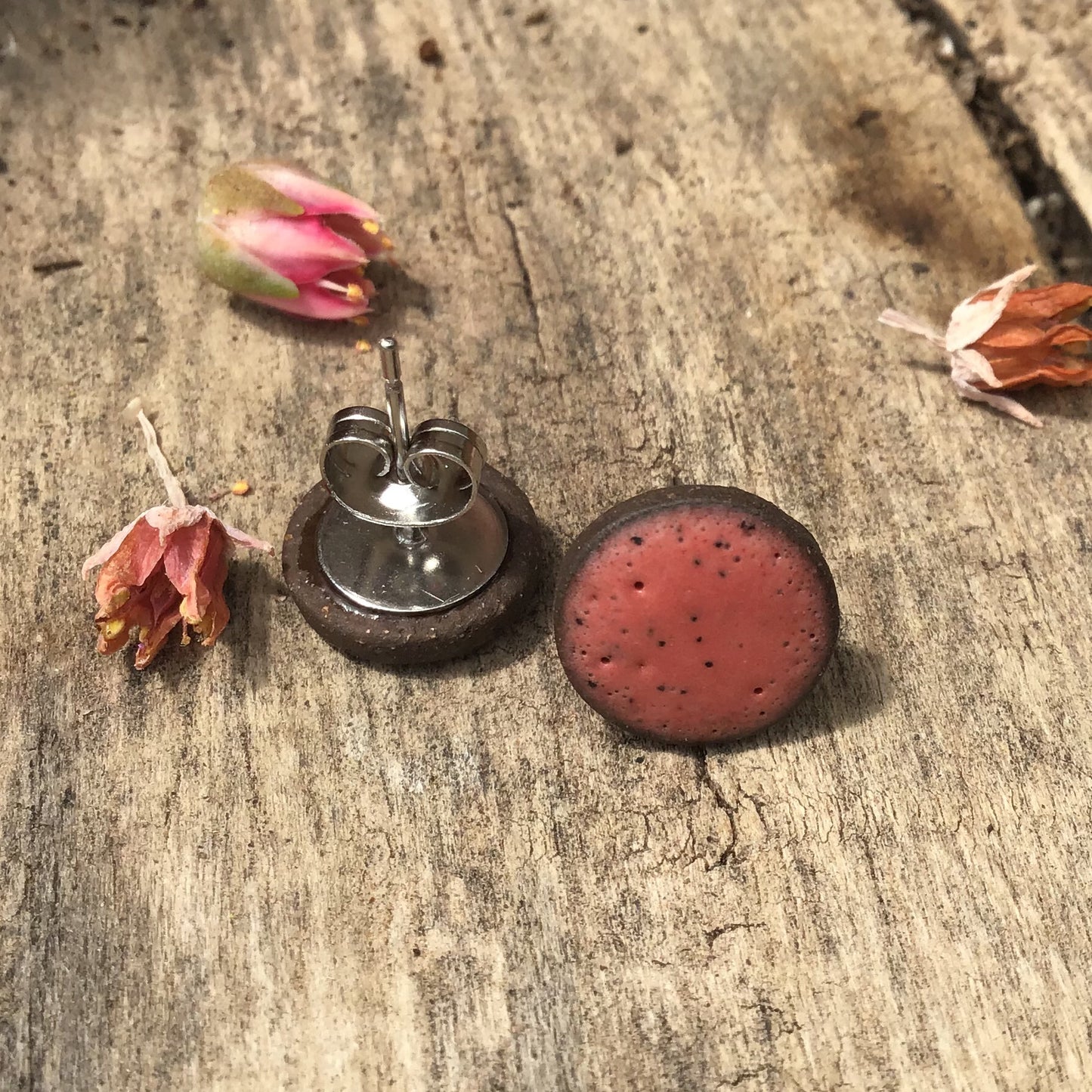 Black Clay Color Splash Ceramic Earrings - Rosy Clay - Rustic Ceramic Stud Earrings