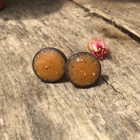 Black Clay Color Splash Ceramic Earrings - Speckled Caramel - Rustic Ceramic Stud Earrings