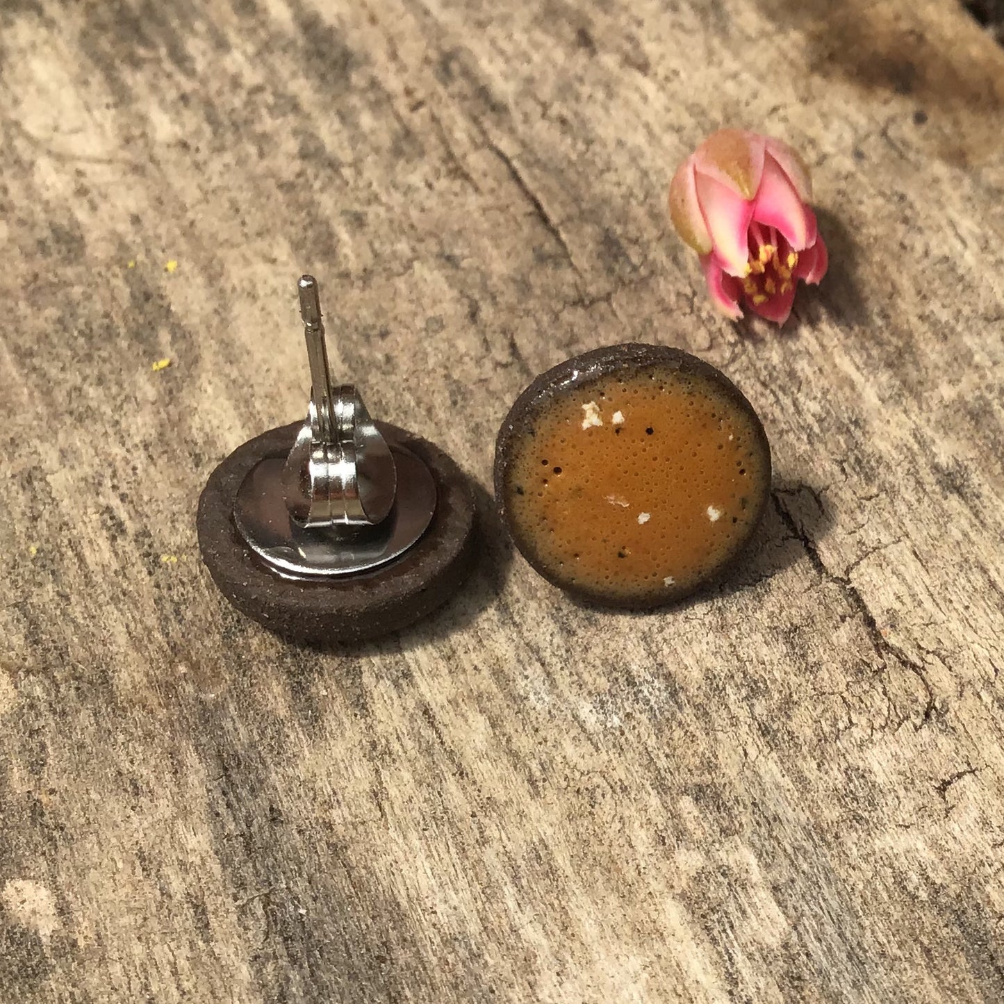 Black Clay Color Splash Ceramic Earrings - Speckled Caramel - Rustic Ceramic Stud Earrings