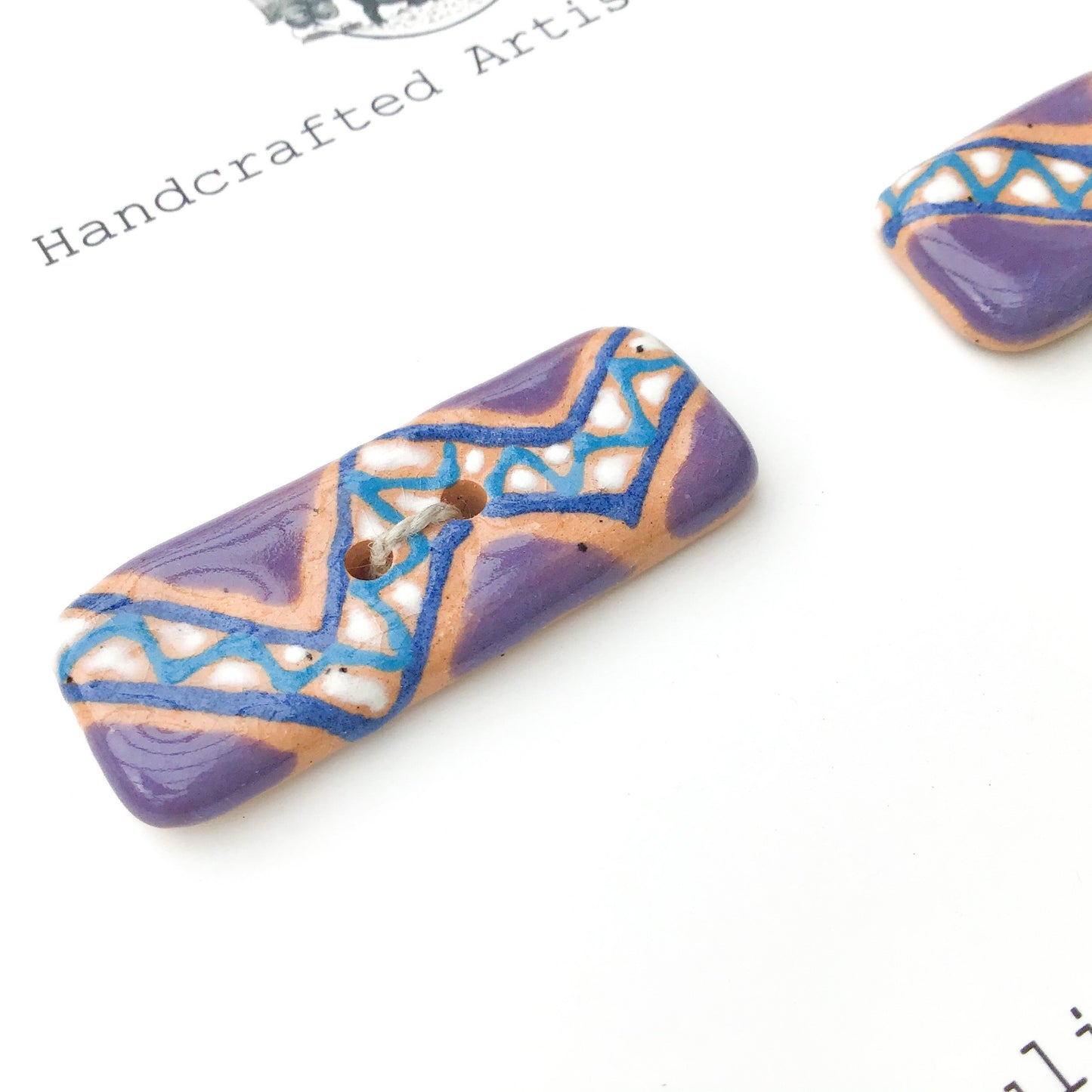 Decorative Blue and Purple Ceramic Button - Rectangular Toggle Buttons - 9/16" x 1 1/2" - 2 Pack